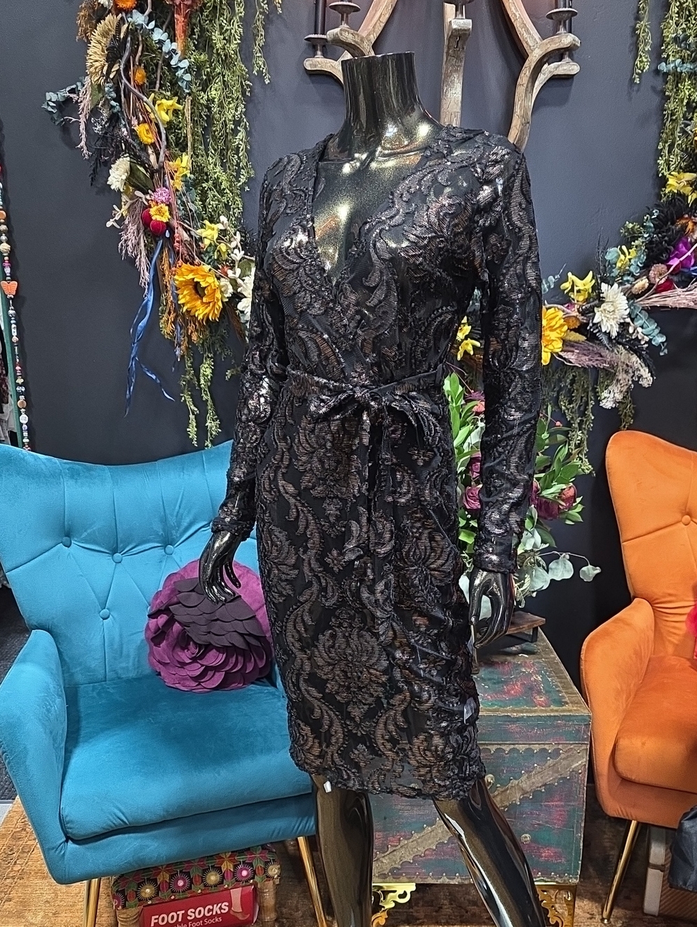Fashion Nova Black & Copper Burn Out Lace Sheath Dress w/ Tie Waist